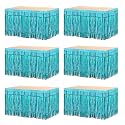 MECCANIXITY 6 Pcs 29x108 Inch Lake Blue Metallic Foil Fringe Tinsel Table Skirts for Rectangle Tables Tinsel Backdrop Curtain for Wedding Birthday Party Decoration