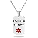 Medical Alert ID Necklace, Laser Engraved PENICILLIN ALLERGY, Stainless Steel Tag Pendant with 23.6 inch Chain for Men Women Emergency First Aid