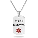 Medical Alert ID Necklace, Laser Engraved TYPE 2 DIABETES, Stainless Steel Tag Pendant with 23.6 inch Chain for Men Women Diabetic Emergency First Aid