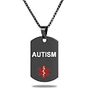 Medical Alert ID Necklace, Laser Engraved Autism, Stainless Steel Tag Pendant with 23.6 inch Chain for Men Women