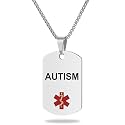 Medical Alert ID Necklace, Laser Engraved Autism, Stainless Steel Tag Pendant with 23.6 inch Chain for Men Women