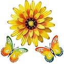 Meduofon Metal Flowers Wall Decor and Butterfly Wall Art, 3 Pack Metal Outdoor Wall Art Decor, Fence Art Wall Sculptures for Indoor Outside Garden Patio Decorations (Yellow&amp;Green)