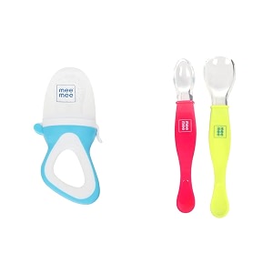 mee mee fruit and food nibbler with silicone sack blue amp mee mee bpa-free baby spoon dual-ended - single pack set