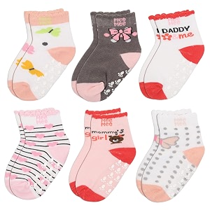 mee mee anti-skid non-slip socks  pack of 6 assorted prints  soft cotton infant amp toddler socks with stretchable cuffs breathable amp hypoallergenic fabric  fade-resistant for boys amp girls