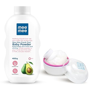 mee mee baby powder fresh feel - 500 g single pack amp mee mee powder puff premium pink