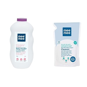 mee mee baby powder fresh feel - 500 g single pack amp mee mee anti-bacterial baby liquid cleanser 500 ml - refill pack