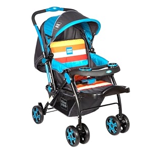 mee mee baby strollerpram blue for 0-3 years  3 recline seat positions with adjustable canopy  quick fold swivel wheels detachable feeding tray amp spacious storage basket  safe amp comfortable