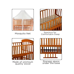 mee mee baby wooden cot  cradle swing for 0-48 month baby  mosquito protection net  all wheel lock  multi-feature kids bed with extra storage space  attach to parent bed teak brown