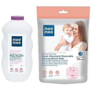 mee mee fresh feel baby powder 500g amp ultra thin super absorbent disposable nursing breast pads pack of 40  new resealable pack  8 pads free white