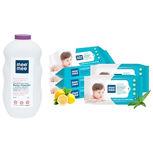mee mee fresh feel baby powder 500g amp caring baby wet wipes lemon fragrance 72 pieces pack of 5