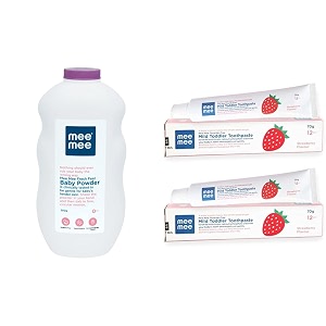 mee mee fresh feel baby powder 500g amp fluoride-free toothpaste strawberry 70g pack of 2 combo