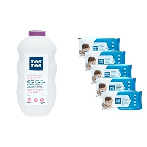 mee mee fresh feel baby powder 500g amp caring baby wet wipes aloe vera 72 pieces pack of 5 combo