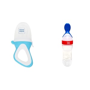 mee mee fruit and food nibbler with silicone sack blue amp mee mee squeezy silicone spoon feeder with in-built stand red