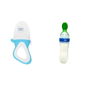 mee mee fruit and food nibbler with silicone sack blue amp mee mee squeezy silicone spoon feeder with in-built stand blue