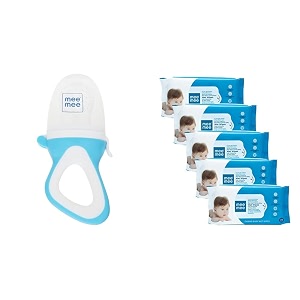 mee mee fruit and food nibbler with silicone sack blue amp caring baby wet wipes aloe vera 72 pieces pack of 5 combo