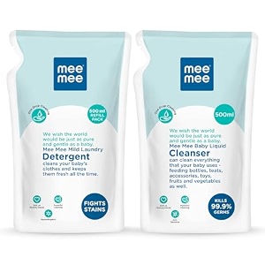 mee mee mild baby liquid laundry detergent 500ml refill pack  mee mee anti-bacterial baby liquid cleanser 500 ml refill pack combo  kills 999 germs ph balanced dermatologically tested formula