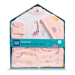 mee mee new born baby gift set  soft cotton clothing essentials for infantsbaby girls boys  baby shower clothing hamper 4 pieces pink ideal gift for new born baby