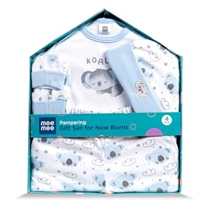 mee mee new born baby gift set  soft cotton clothing essentials for infantsbaby girls boys  baby shower clothing hamper 4 pieces blue ideal gift for new born baby