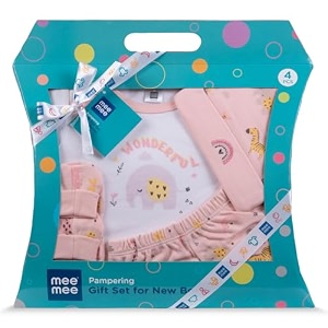 mee mee new born baby gift set  soft cotton clothing essentials for infantsbaby girls boys  baby shower clothing hamper 4 pieces pink ideal gift for new born baby