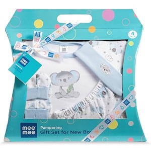 mee mee new born baby gift set  soft cotton clothing essentials for infantsbaby girls boys  baby shower clothing hamper 4 pieces blue ideal gift for new born baby