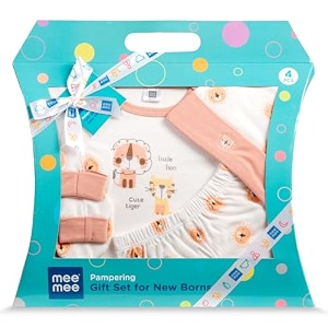 mee mee new born baby gift set  soft cotton clothing essentials for infantsbaby girls boys  baby shower clothing hamper 4 pieces orange ideal gift for new born baby