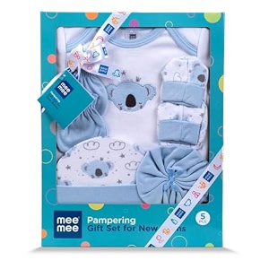 mee mee new born baby gift set  soft cotton clothing essentials for infantsbaby girls boys  baby shower clothing hamper 4 pieces blue ideal gift for new born baby