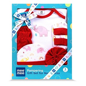 mee mee new born baby gift set  soft cotton clothing essentials for infantsbaby girls boys  baby shower clothing hamper 5 pieces red ideal gift for new born baby