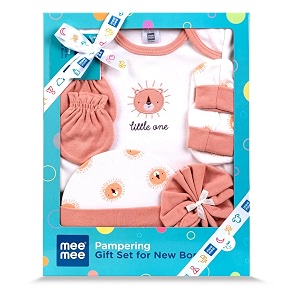 mee mee new born baby gift set  soft cotton clothing essentials for infantsbaby girls boys  baby shower clothing hamper 5 pieces orange ideal gift for new born baby