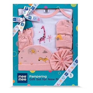 mee mee new born baby gift set  soft cotton clothing essentials for infantsbaby girls boys  baby shower clothing hamper 5 pieces pink