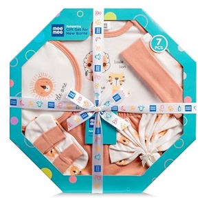 mee mee new born baby gift set  soft cotton clothing essentials for infantsbaby girls boys  baby shower clothing hamper 7 pieces orange ideal gift for new born baby