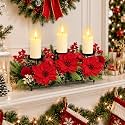 meekoo Christmas Centerpiece with 3 Candle Holders 3 LED Candles 1 String Lights Xmas Triple Candelabrum Poinsettia Red Berry Pine Cones with 3 Candle Holders for Tables Home Decorations