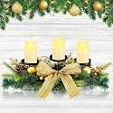 meekoo Christmas Centerpiece with 3 Candle Holders 3 LED Candles 1 String Lights Xmas Triple Candelabrum Bow Berry Pine Cones with 3 Candle Holders for Tables Home Decorations