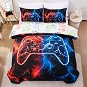 Meeting Story 5 Pcs Gaming Bedding Set Queen Size Green Game Console Kids Bed in A Bag 3D Black Gamer Comforter Set with Sheets for Boys Teen(RedBlue)