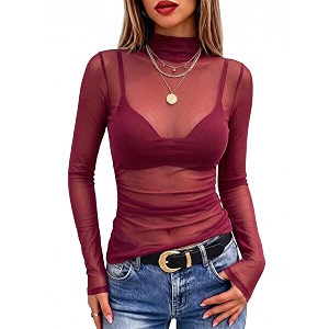 Meetrendi Womens Ruched Mesh Top Sheer Long