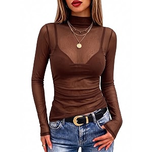 Meetrendi Womens Ruched Mesh Top Sheer Long