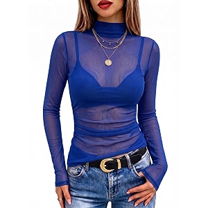 Meetrendi Womens Ruched Mesh Top Sheer Long