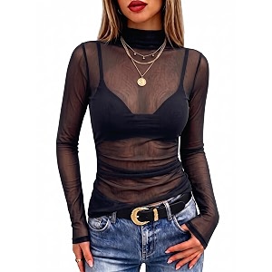 Meetrendi Womens Ruched Mesh Top Sheer Long