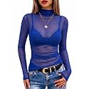 Meetrendi Women39s Ruched Mesh Top Sheer Long