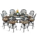 MEETWARM 10-Piece Outdoor Bar Set, All Weather Cast Aluminum Patio Bar Furniture with 8 Cushioned Swivel Bar Stools, Large 61" Round Patio Bar Height Table with Detachable Lazy Susan, Umbrella Hole