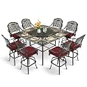 MEETWARM 10-Piece Outdoor Bar Set, All Weather Cast Aluminum High Patio Dining Set with 8 Cushioned Swivel Bar Stools, Large 64" Square Patio Bar Height Table with Detachable Lazy Susan, Umbrella Hole