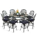 MEETWARM 10-Piece Outdoor Bar Set, All Weather Cast Aluminum Patio Bar Furniture with 8 Cushioned Swivel Bar Stools, Large 61" Round Patio Bar Height Table with Detachable Lazy Susan, Umbrella Hole