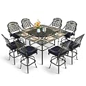 MEETWARM 10-Piece Outdoor Bar Set, All Weather Cast Aluminum High Patio Dining Set with 8 Cushioned Swivel Bar Stools, Large 64" Square Patio Bar Height Table with Detachable Lazy Susan, Umbrella Hole
