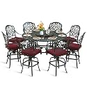 MEETWARM 10-Piece Outdoor Bar Set, All Weather Cast Aluminum Patio Bar Furniture with 8 Cushioned Swivel Bar Stools, Large 61" Round Patio Bar Height Table with Detachable Lazy Susan, Umbrella Hole