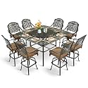 MEETWARM 10-Piece Outdoor Bar Set, All Weather Cast Aluminum High Patio Dining Set with 8 Cushioned Swivel Bar Stools, Large 64" Square Patio Bar Height Table with Detachable Lazy Susan, Umbrella Hole