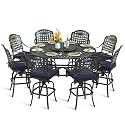 MEETWARM 10-Piece Outdoor Bar Set, All Weather Cast Aluminum Patio Bar Furniture with 8 Cushioned Swivel Bar Stools, Large 61" Round Patio Bar Height Table with Detachable Lazy Susan, Umbrella Hole