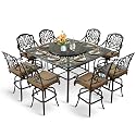 MEETWARM 10-Piece Outdoor Bar Set, All Weather Cast Aluminum Patio Bar Furniture with 8 Cushioned Swivel Bar Stools, Large 64" Square Patio Bar Height Table with Detachable Lazy Susan, Umbrella Hole