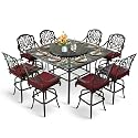 MEETWARM 10-Piece Outdoor Bar Set, All Weather Cast Aluminum Patio Bar Furniture with 8 Cushioned Swivel Bar Stools, Large 64" Square Patio Bar Height Table with Detachable Lazy Susan, Umbrella Hole