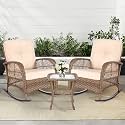 MEETWARM 3 Pieces Outdoor Wicker Rocking Chair Set, Rattan Patio Rocker Chairs Set with Cushions and Glass-Top Coffee Table, Conversation Bistro Set for Porch & Backyard - Beige