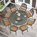 MEETWARM 9-Piece Outdoor Dining Set, All Weather Cast Aluminum Patio Table and Chairs Set with 8 Cushioned Chairs, 61" Round Patio Dining Table with Detachable Lazy Susan, 2" Umbrella Hole,Dark Bronze