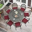 MEETWARM 9-Piece Outdoor Furniture Dining Set, All Weather Cast Aluminum Patio Garden Set- 8 Cushioned Chairs, 61" Round Patio Dining Table with Detachable Lazy Susan, 2" Umbrella Hole, Chili Red